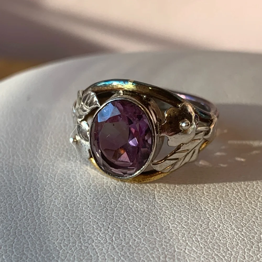 VINTAGE AMETHYST RING 925 STERLING SILVER TRI COLOR
